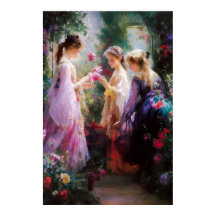 Drie meisjes spelen in een tuin