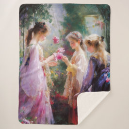 Drie meisjes spelen in een tuin sherpa deken