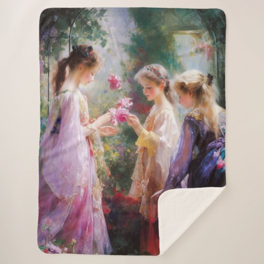Drie meisjes spelen in een tuin sherpa deken (Voorkant)
