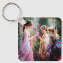 Drie meisjes spelen in een tuin