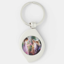 Drie meisjes spelen in een tuin sleutelhanger