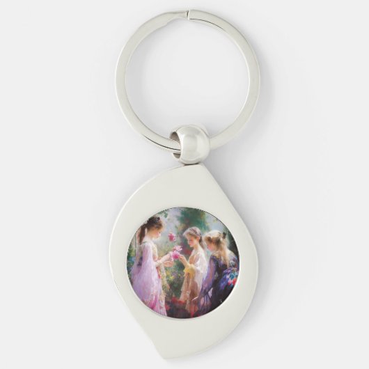 Drie meisjes spelen in een tuin sleutelhanger (Voorkant)