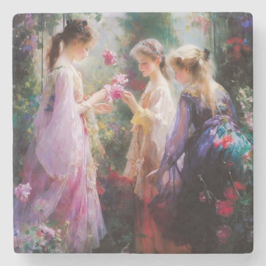 Drie meisjes spelen in een tuin stenen onderzetter (Voorkant)