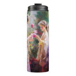 Drie meisjes spelen in een tuin thermosbeker