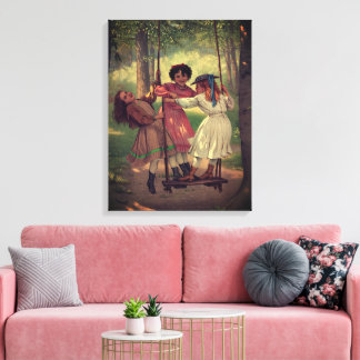 Drie meisjes zwaaien in het bos canvas afdruk