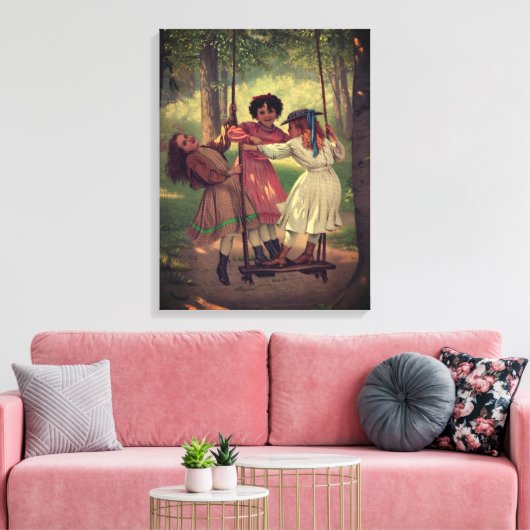 Drie meisjes zwaaien in het bos canvas afdruk (Insitu (Woonkamer))