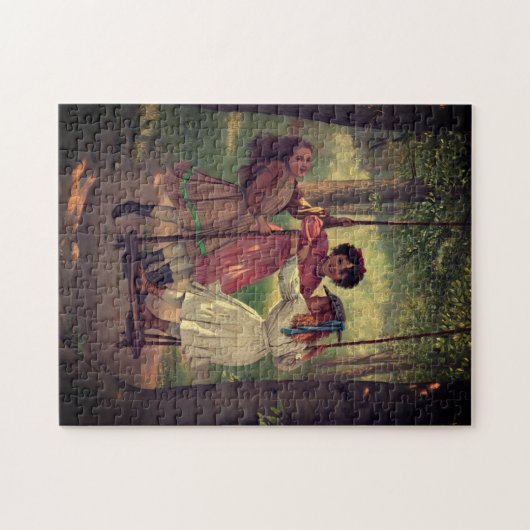 Drie meisjes zwaaien in het bos | legpuzzel (Horizontaal)