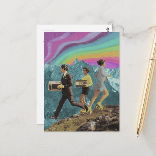 Drie mensen op de berg Surreal Radio Schaatsen Briefkaart (Voorkant / Achterkant in situ)