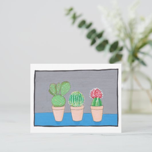 Drie mexicaanse cactussen in potten, originele kun briefkaart (Staand voorkant)