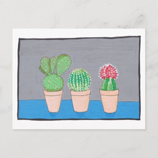 Drie mexicaanse cactussen in potten, originele kun briefkaart (Voorkant)