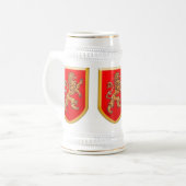 Drie middeleeuwse Lions Shield Bierpul (Voorkant links)