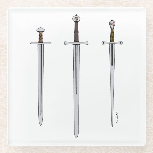 Drie middeleeuwse zwaarden 2016 glazen onderzetter (Voorkant)