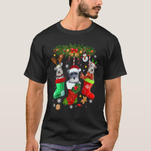 Drie miniatuur Schnauzer Dog in Sock-kerstmis T-shirt