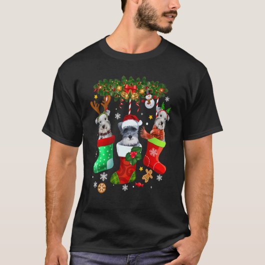 Drie miniatuur Schnauzer Dog in Sock-kerstmis T-shirt (Voorkant)