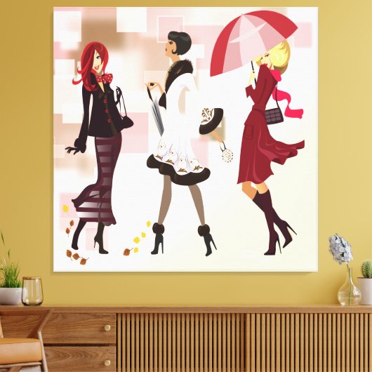 Drie Mode Modellen Ingepakt Canvas (Insitu (Woonkamer))