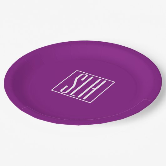 Drie moderne hoofdletters monogram | Wit & Paars Papieren Bordje (Gekanteld)