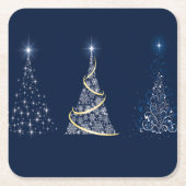 Drie Moderne Kerstbomen van de Kunst op Blauw Kartonnen Onderzetters (Voorkant)