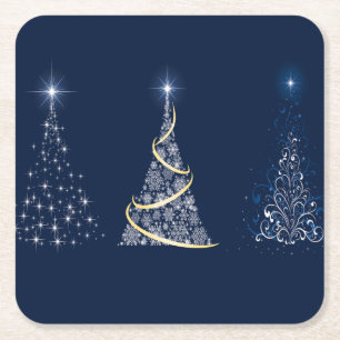 Drie Moderne Kerstbomen van de Kunst op Blauw Kartonnen Onderzetters