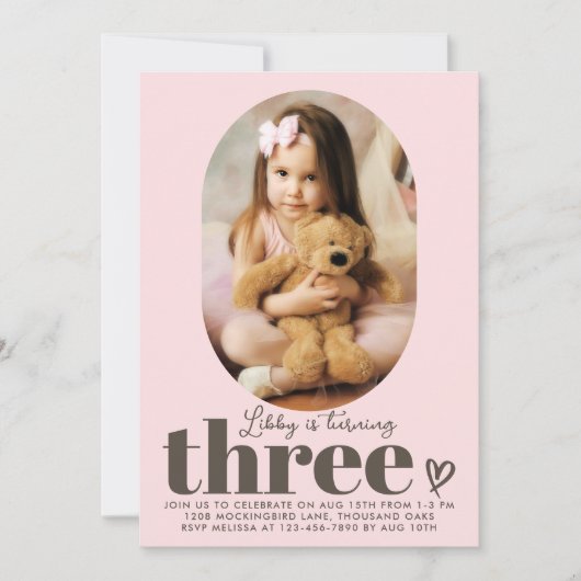 Drie moderne minimale foto 3e verjaardag roze kaart (Voorkant)