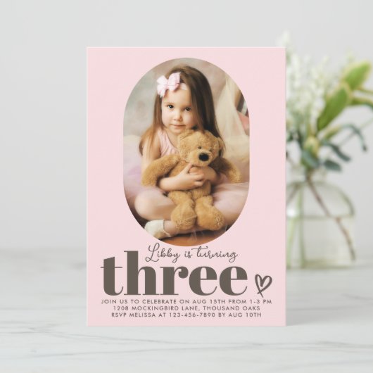 Drie moderne minimale foto 3e verjaardag roze kaart (Staand voorkant)