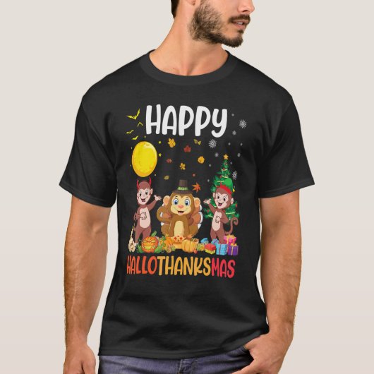 Drie Monkey Dabbing Samen met Happy Hallot T-shirt (Voorkant)