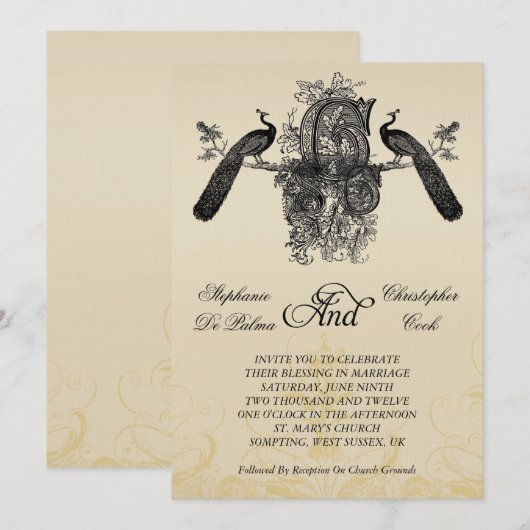 Drie Monogram Peacocks Vintage Wedding Uitnodiging (Voorkant / Achterkant)