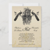 Drie Monogram Peacocks Vintage Wedding Uitnodiging (Voorkant)