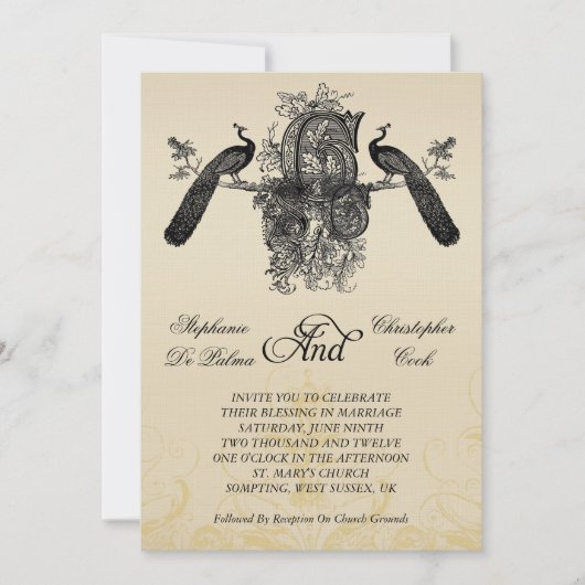 Drie Monogram Peacocks Vintage Wedding Uitnodiging (Voorkant)