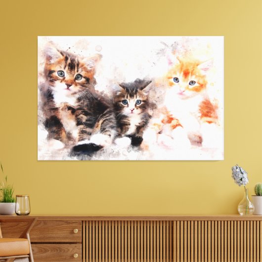 Drie mooie en schattige kittens waterverf canvas afdruk (Insitu (Woonkamer))