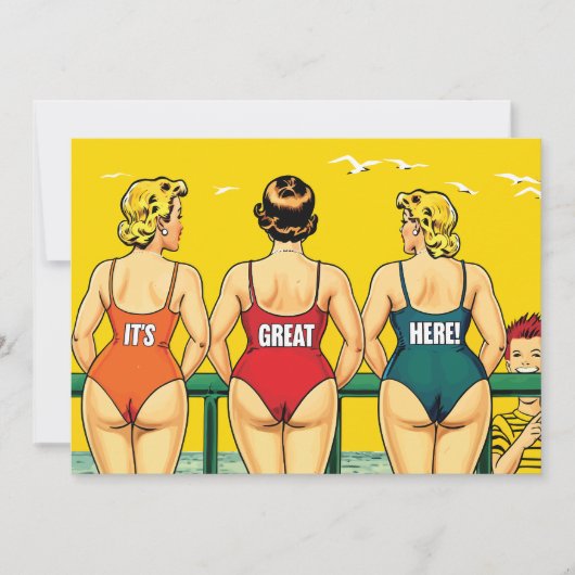 Drie mooie vrouwen in bikini op een strand, grappi save the date (Voorkant)
