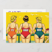 Drie mooie vrouwen in bikini op een strand, grappi save the date (Voorkant / Achterkant)