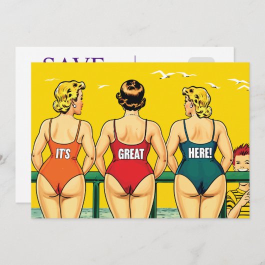 Drie mooie vrouwen in bikini op een strand, grappi save the date (Voorkant / Achterkant)