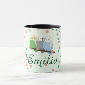 Drie Moppige Grasparkieten Bloemige Kersenbloesem Mok