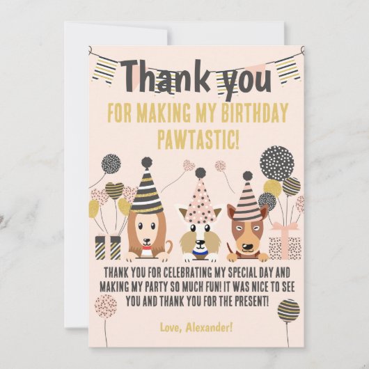 Drie moppige honden met feestmutsen ballonnen Verj Bedankkaart (Voorkant)