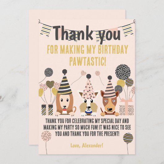 Drie moppige honden met feestmutsen ballonnen Verj Bedankkaart (Voorkant / Achterkant)