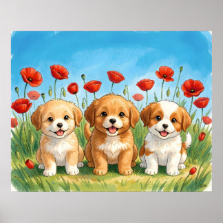Drie Moppige Puppies & Rode Klaprozen Aquarel Poster