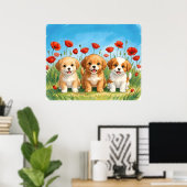Drie Moppige Puppies & Rode Klaprozen Aquarel Poster (Thuiskantoor)