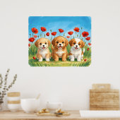 Drie Moppige Puppies & Rode Klaprozen Aquarel Poster (Keuken)