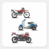 Drie motorfietsen, rood en blauw vierkante sticker (Voorkant)