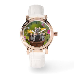 drie muizen in bloempotten, horloge