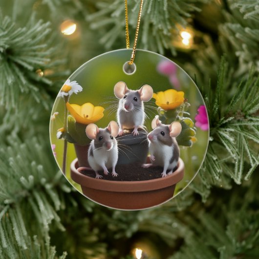 drie muizen in bloempotten, keramisch ornament (Boom)