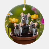 drie muizen in bloempotten, keramisch ornament (Voorkant)