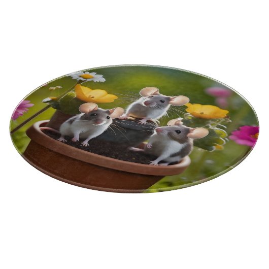drie muizen in bloempotten, snijplank (Hoek)