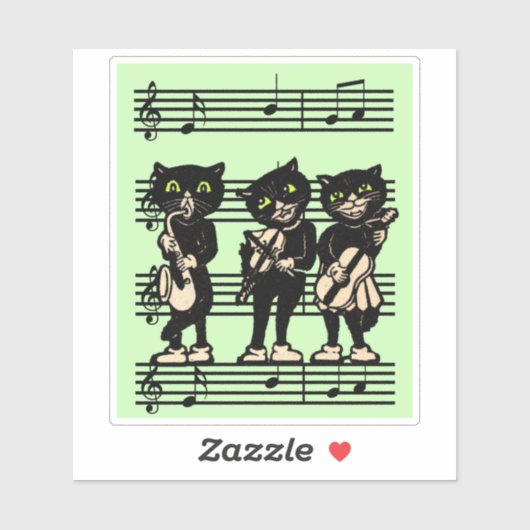 Drie Muzikale Zwarte Katten Bladmuziek Groen Sticker (Vel)