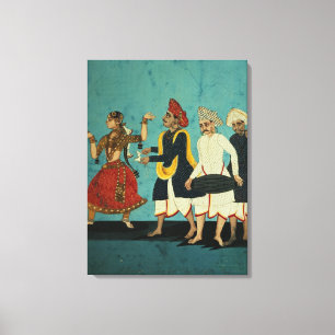 Drie muzikanten en een dansend meisje, Tanjore, Ta Canvas Afdruk