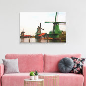 Drie Nederlandse windmolens weerspiegeld in water  Canvas Afdruk (Insitu (Woonkamer))