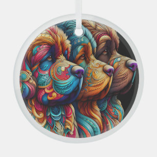 Drie Newf Heads Circle Glass Ornament