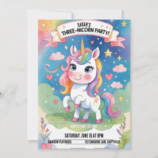 Drie-Nicorn 3e Verjaardag Uitnodiging – Eenhoorn (Voorkant)