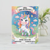 Drie-Nicorn 3e Verjaardag Uitnodiging – Eenhoorn (Staand voorkant)
