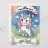 Drie-Nicorn 3e Verjaardag Uitnodiging – Eenhoorn (Voorkant / Achterkant)